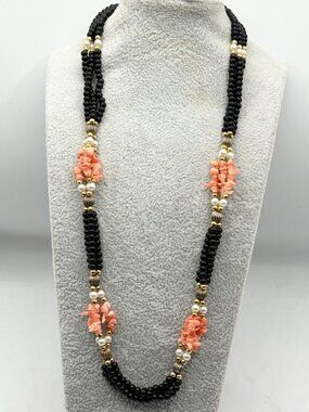 Vintage coral pearl onyx beaded multi strand necklace